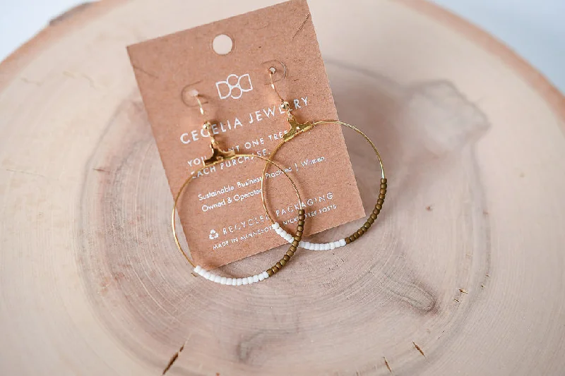 Boho Seed Bead Half & Half Hoop Earrings in Cream and Bronze