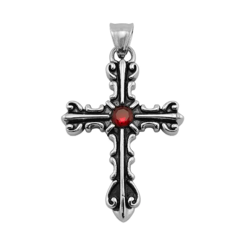 Stainless Steel Red CZ Stone Center Filigree Cross Pendant / PDC2023