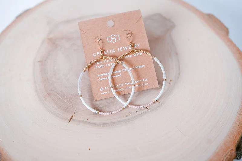 Boho Seed Bead Hoop Earrings in White Frosted