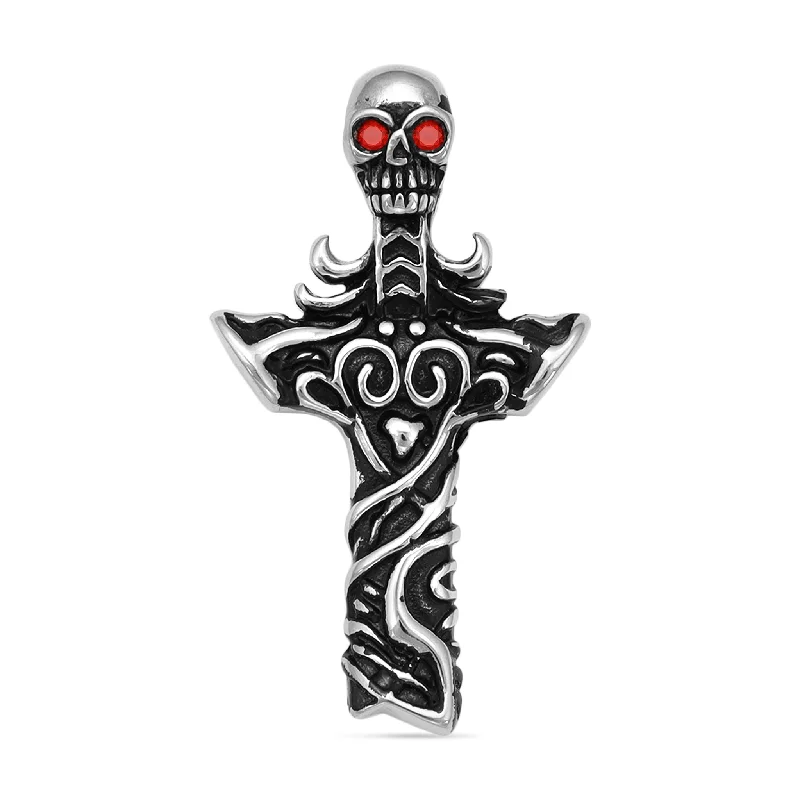 Stainless Steel Red CZ Eyed Skull Cross Pendant / PDL2038