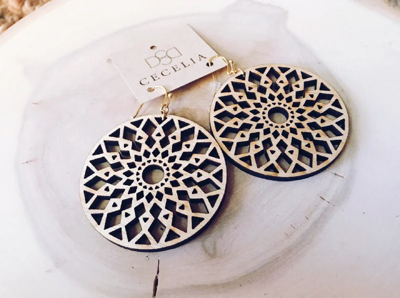 Round Wood Earrings in Mandala