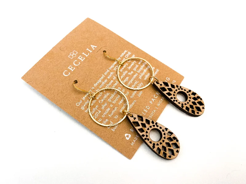 Mandala Small Wood Teardrop Earrings with Round Hoop