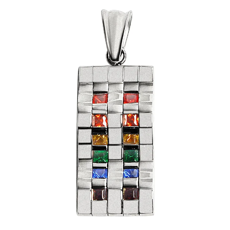 Stainless Steel Contemporary Wavy Cubic Zirconia Rainbow Pendant / GPP0065