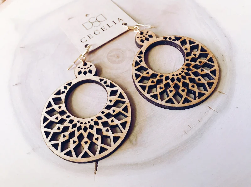 Round Wood Earrings in Tiered Mandala