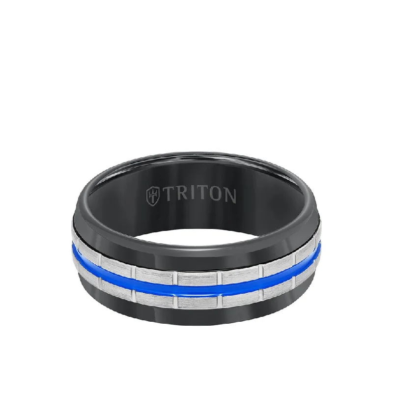 8.5MM Tungsten Carbide Ring - Center Stripe and Flat Edge