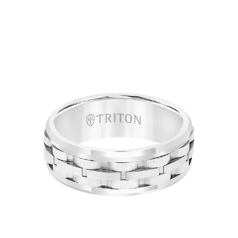 8MM Tungsten Carbide Ring - Brushed Link Center and Bevel Edge