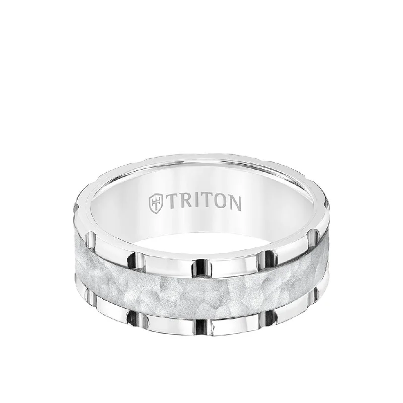 8MM Tungsten Carbide Ring - Hammered Center and Link Edge