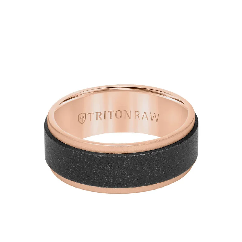 8MM Tungsten RAW Black DLC + 14K Rose Gold Ring - Flat Profile and Step Edge