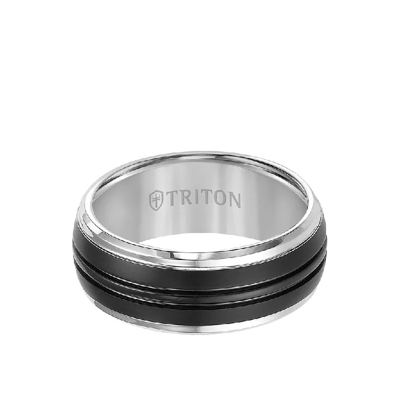 9MM Tungsten Carbide Ring - Black Brushed Center and Bevel Edge