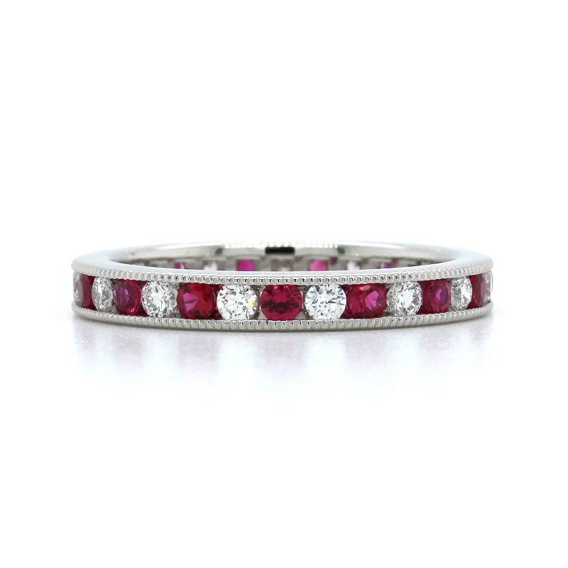 Platinum Milgrain Ruby Diamond Eternity Band