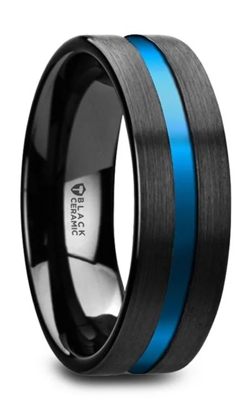 Flat Brushed Finish Black Ceramic With Blue Grooved Center Band | Thorsten