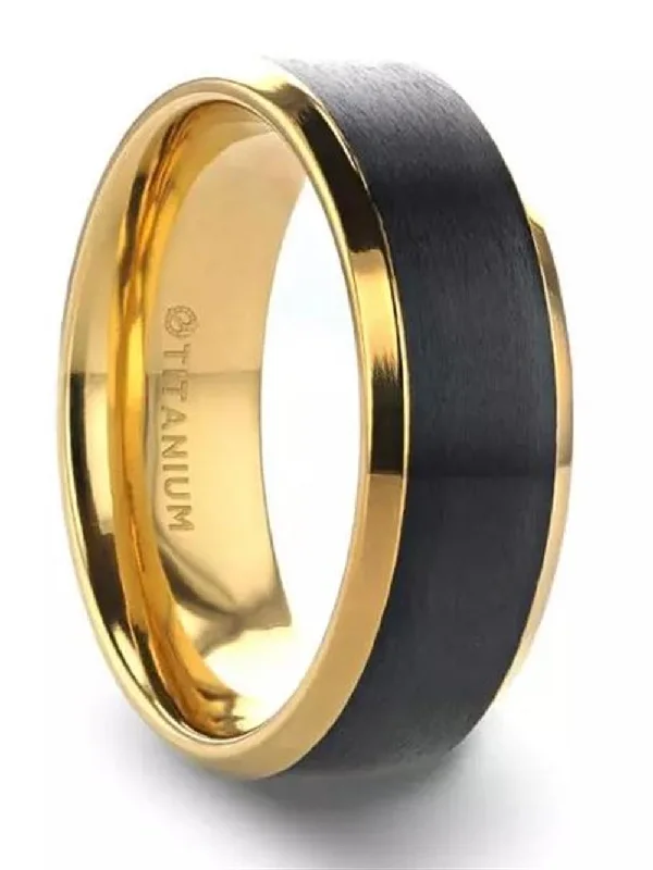 Polished Gold Plated Titanium Ring with Beveled edges and Brushed Black Center in 8mm | Thorsten Rings