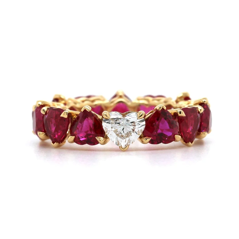 18K Yellow Gold Heart Shape Ruby and Diamond Band