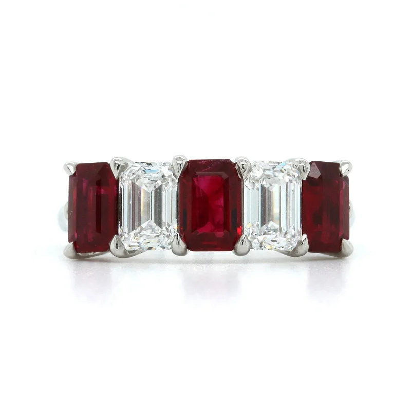 Platinum Emerald Cut Ruby and Diamond Band