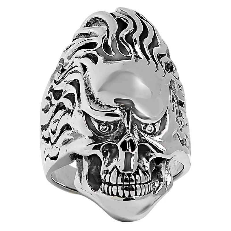 Sterling Silver Skull Flaming Hair Ring / SSR0025