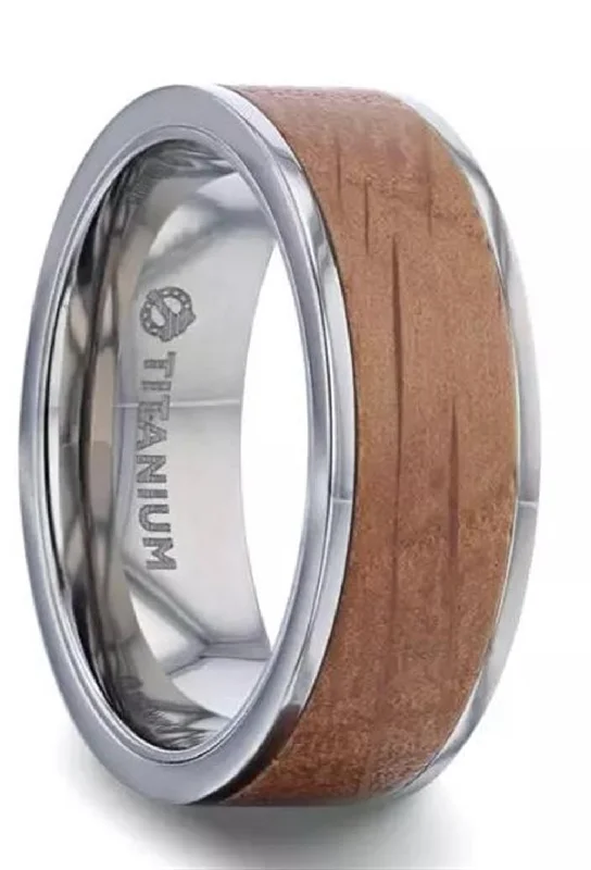 Whiskey Barrel Inlaid Titanium with Flat Polished Edges Band | Thorsten