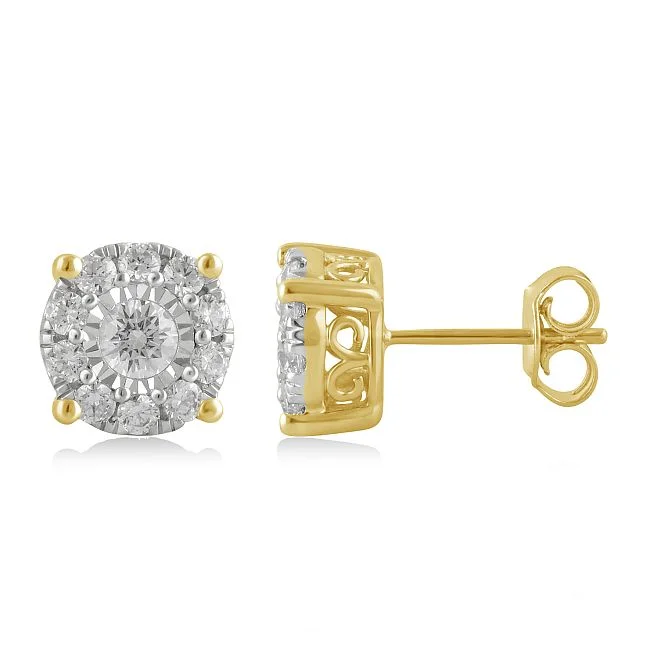 1 CTW Diamond Cluster Stud Earrings in 10KT Yellow Gold