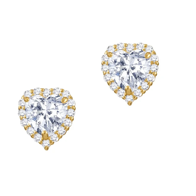 14KT Yellow Gold 5MM Heart Shape Cubic Zirconia Halo Stud Heart Earrings