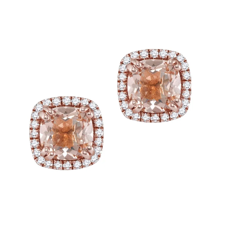 6MM Cushion Morganite and Diamond Halo Stud Earrings in 14KT Rose Gold