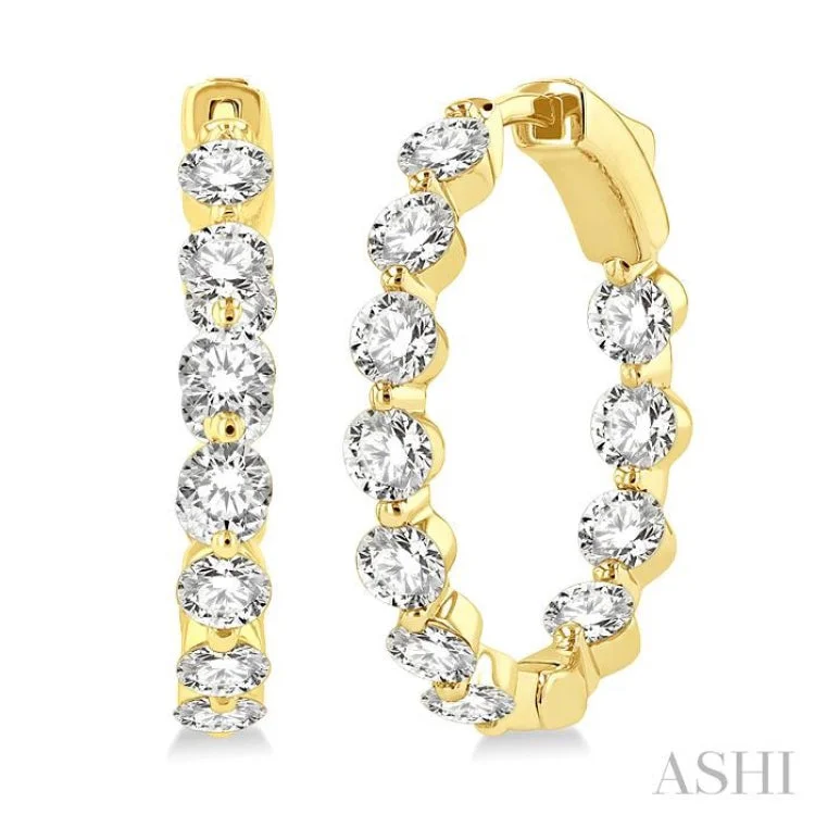 3 Ctw Inside-Out Single Prong Set Round Cut Diamond Hoop Earrings in 14K Yellow Gold