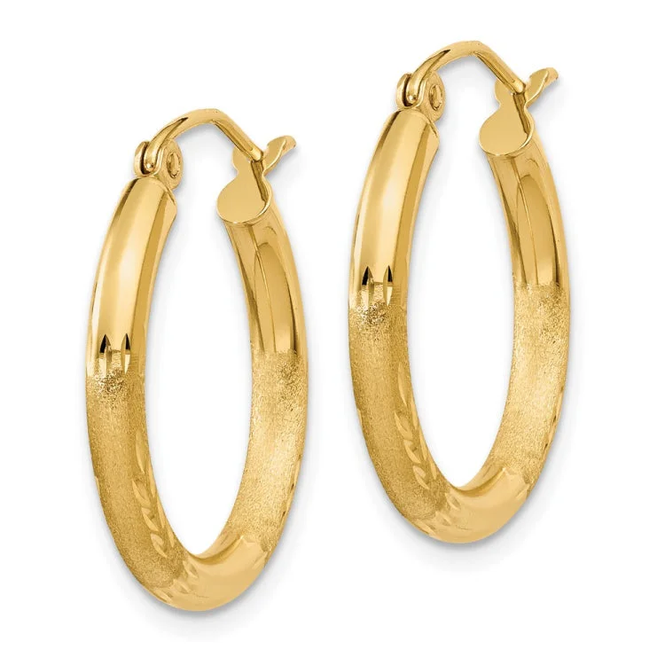 14k Satin and Diamond-cut 2.5mm Round Hoop Earrings