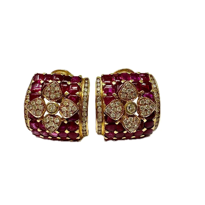 18K Gold Diamond and Ruby Square Clip-on Earrings