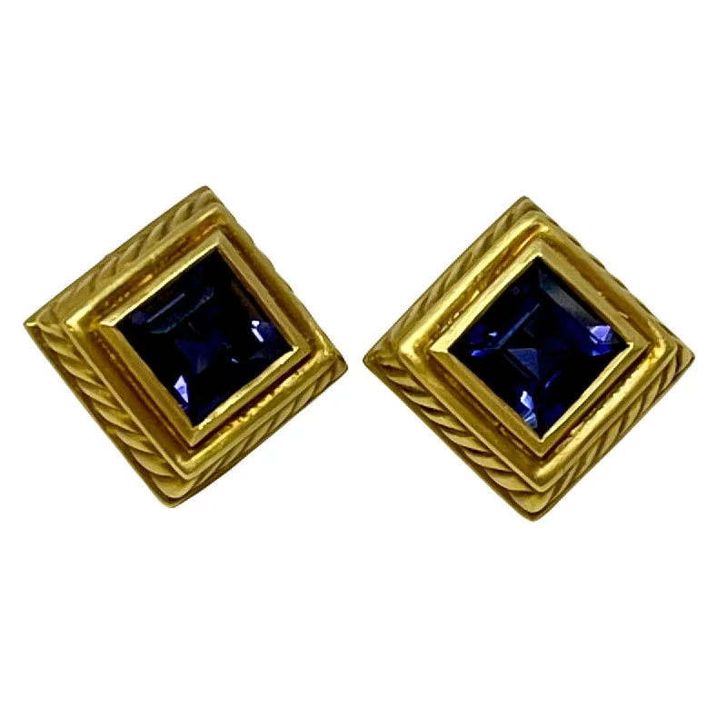 Fredericka 18K Gold Square Set Faceted Iolite Earrings