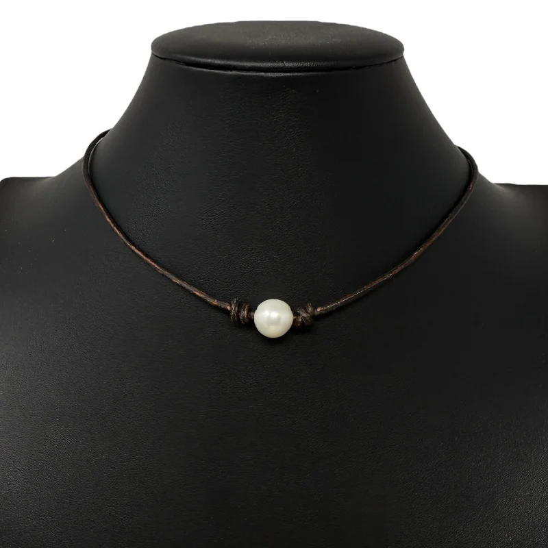 Single Pearl Leather Choker Necklace By Unbranded