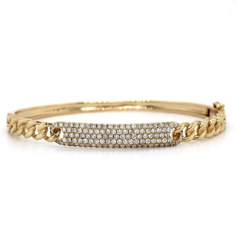 14K Yellow Gold Pave Diamond Bar Curb Bangle Bracelet