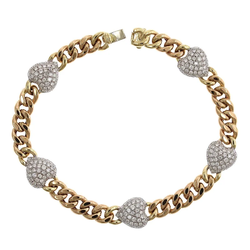 14K Yellow Gold Pave Diamond Heart Curb Link Bracelet