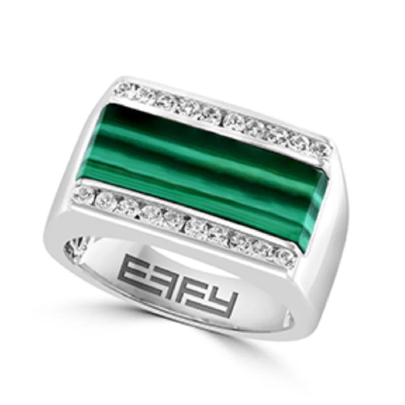 EFFY 20X7MM Rectangle Malachite and White Sapphire Fashion Ring in Rhodium Plated Sterling Silver