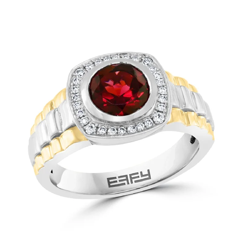 EFFY 8MM Round Garnet and Diamond Fashion Rolex Ring in Two-Tone Sterling Silver