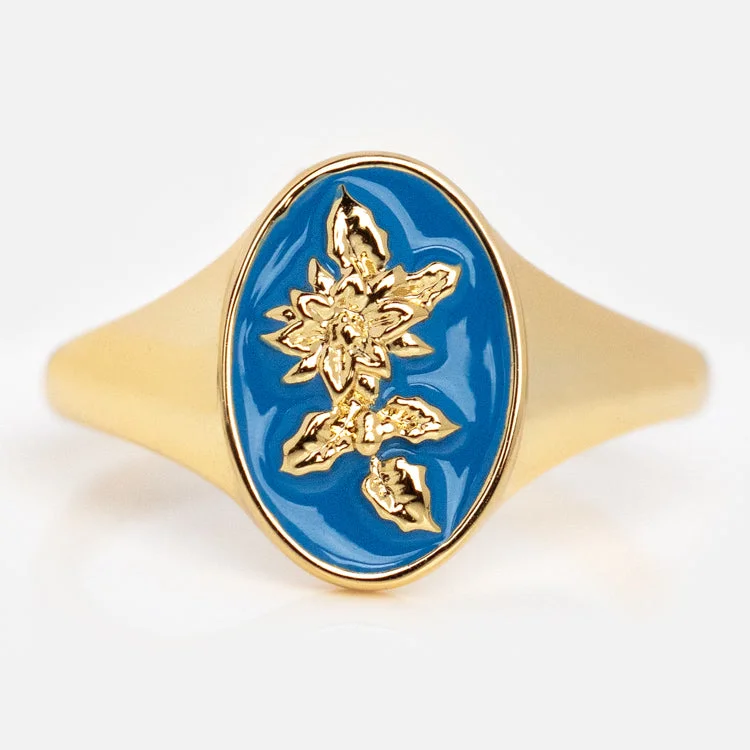 Enamel Birth Flower Signet Ring