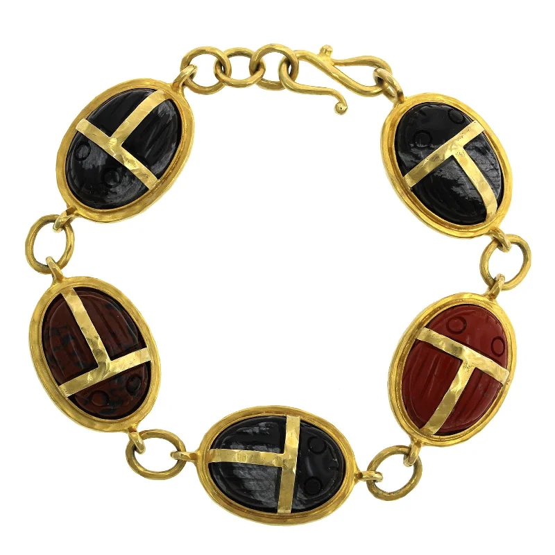 14K Yellow Gold Agate and Carnelian Scarab Bracelet