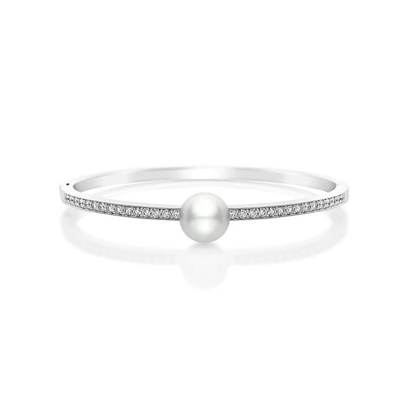 Mikimoto 18K White Gold Diamond and Pearl Bangle Bracelet