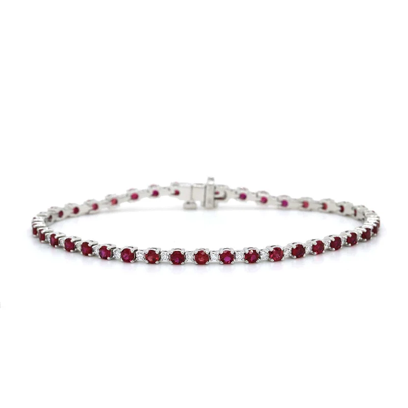 18K White Gold Ruby and Diamond Alternating Size Tennis Bracelet