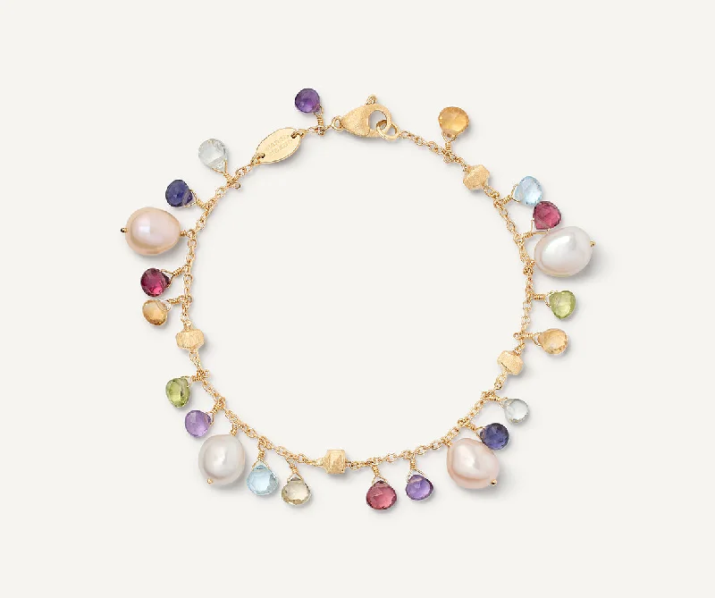 18K Yellow Gold Single-Strand Gemstone Bracelet With Freshwater Pearls